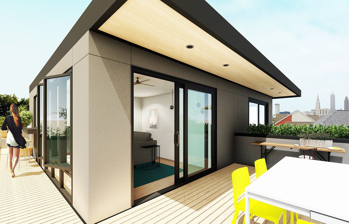 A rendering of the outside of an apartment.