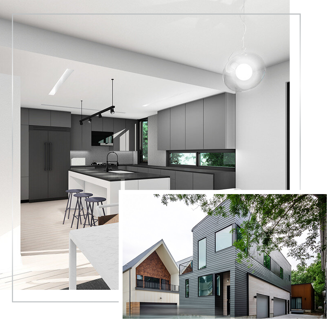 A collage of pictures with some buildings and a kitchen.